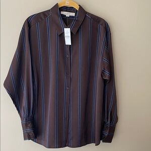 LOFT Women’s  Dark Brown button down Shirt with Blue Stripes Size S
